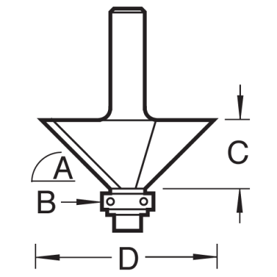 Size guide for the Trend Self Guided Chamfer Router Cutter with 45 degree angle.