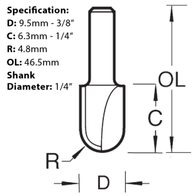 Trend Radius Router Cutter, 4.8mm x 9.5mm, C053X1/4TC. Size diagram.