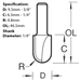 Trend Radius Router Cutter, 4.8mm x 9.5mm, C053X1/4TC. Size diagram.