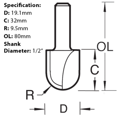 Trend Radius Router Cutter, 19mm x 32mm x 9.5mm, C056AX1/2TC. Size diagram