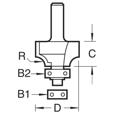 Size guide for Trend Rounding Over Router Cutter with a 4.8mm x 12.7mm cutting head. C075X1/4TC