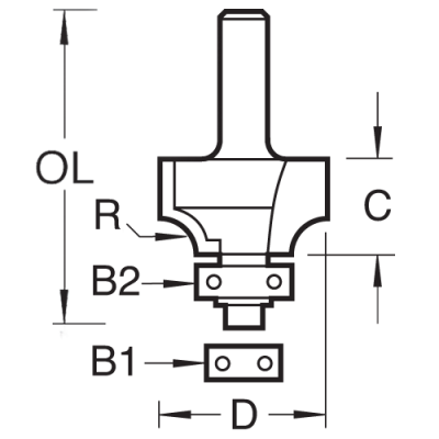 Product dimension image of the Trend C079X1/2TC Rounding Over Router Cutter 12.7mm x 19.1mm