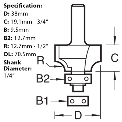 Trend C079X1/4TC Rounding Over Router Cutter dimension diagram.