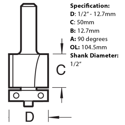 Size guide for the Trend C195X1/2TC Bearing Guided Trimmer 12.7mm diameter