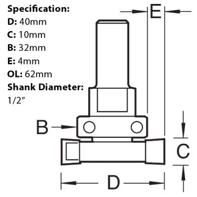 Size guide for the Trend Intumescent Router Cutter, 10 x 40mm (C208X1/2TC) 