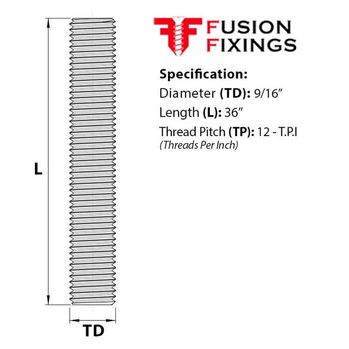 Product image for the 9/16″ UNC x 36″ A2 Stainless Steel Threaded Bar (studding) ASME B18.31.3. Part of a growing range in UNC threaded bar in stock at Fusion Fixings