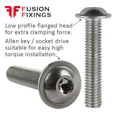 Part of a growing range of A2 stainless steel flanged button head screws from Fusion Fixings. The image shows key points of the A2 M4 x 35mm flanged socket button head screw from Fusion Fixings