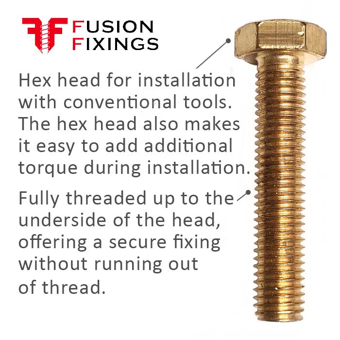 Information image for the M16 x 40mm Brass Hex Set Screw (Fully Threaded Bolt) DIN 933 showing key benefits