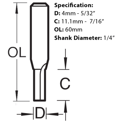 Dimension illustration for the 4mm x 11.1mm 2 flute router cutter from Trend.