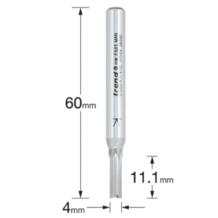 Size chart for the 4mm x 11.1mm, 2 flute router cutter from Trend. Part of a good range of router cutters from Trend.