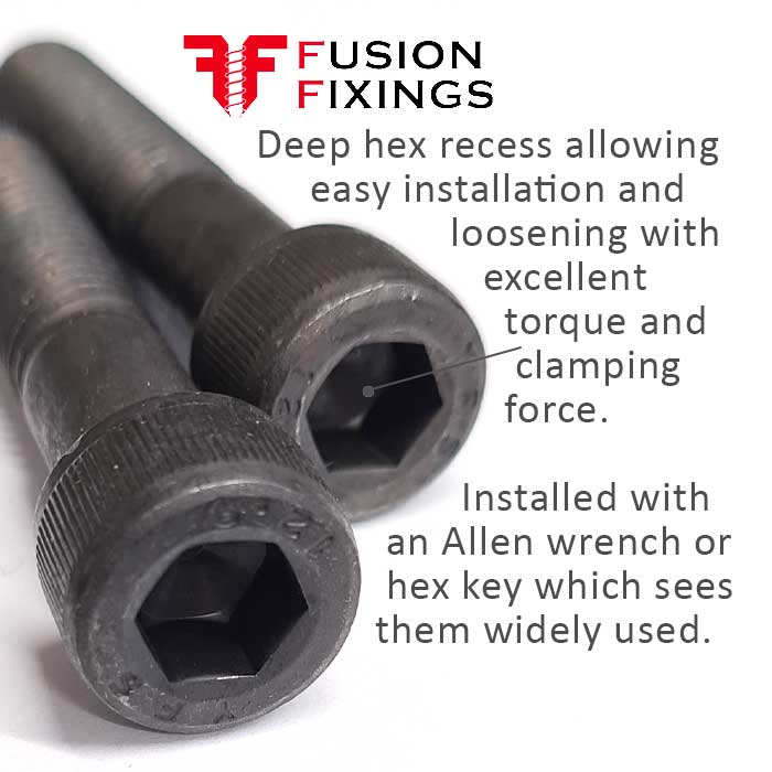 Socket cap head bolt, cap head screw information diagram from Fusion Fixings showing some USPs of the cap head bolts