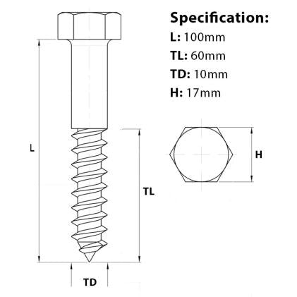 Visual size guide for the M10 x 100mm Coach Screw A4 Stainless Steel DIN 571