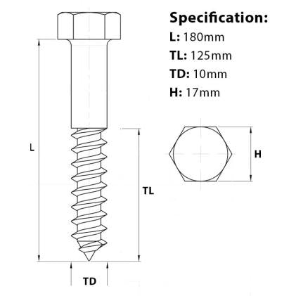 Size Guide for M10 x 180mm Coach Screw A4 Stainless Steel DIN 571