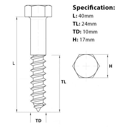 Size guide for the M10 x 40mm Coach Screw BZP DIN 571