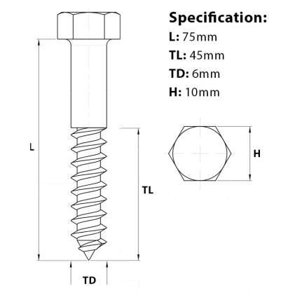 M6 x 75mm Hex Head Coach Screw BZP DIN 571