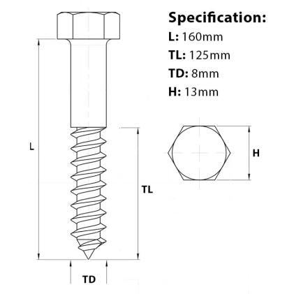 Size diagram for the M8 x 160mm Coach Screw A4 Stainless Steel DIN 571