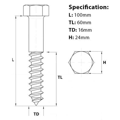 Size guide for the M16 x 100mm hex head coach screw A2 Stainless Steel, DIN 571