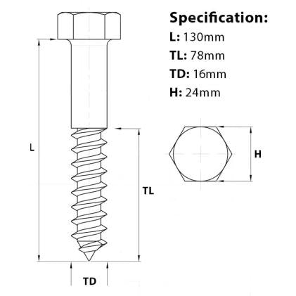 Size guide for the M16 x 130mm hex head coach screw A2 Stainless Steel, DIN 571.