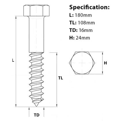 Size diagram for the M16 x 180mm hex head coach screw A2 Stainless Steel, DIN 571