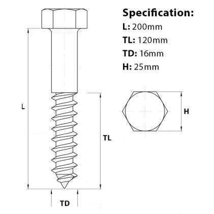 Size diagram for the M16 x 200mm Coach Screw A2 Stainless Steel, DIN 571