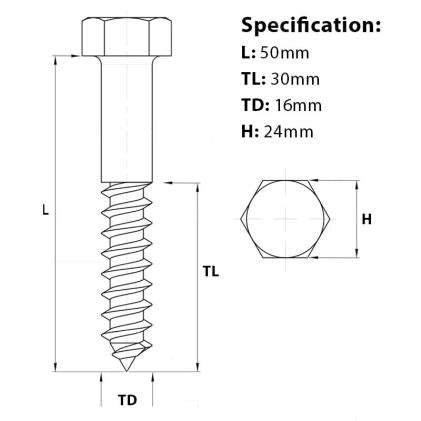 M16 x 50mm Coach Screw A2 Stainless Steel, DIN 571