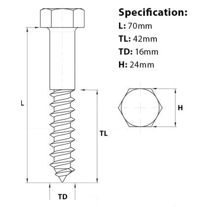 Size guide for the M16 x 70mm Hexagon Head Coach Screw in A2 Stainless Steel, DIN 571 from Fusion Fixings