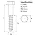 Size guide for the M16 x 70mm Hexagon Head Coach Screw in A2 Stainless Steel, DIN 571 from Fusion Fixings