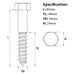 M16 x 80mm Hexagon Hex Head Coach Screw size guide.