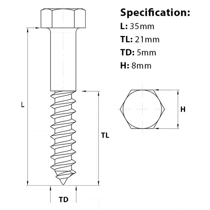 Screw guide for M5 x 35mm Coach Screw A2 Stainless Steel DIN 571