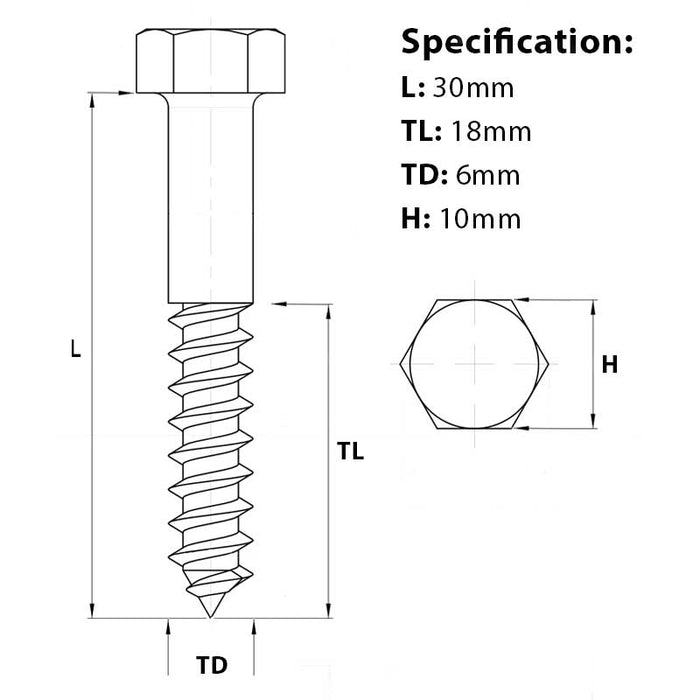 Screw guide for M6 x 30mm Coach Screw A2 Stainless Steel DIN 571