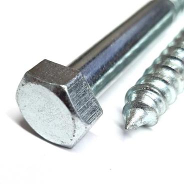 Detail mage of the hex head coach screw showing the thick coarse thread and hex head.