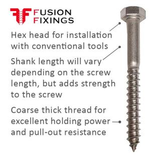 Key points about the M16 x 120mm Coach Screw A2 Stainless Steel DIN 571. Part of a larger range of coach screws from Fusion Fixings