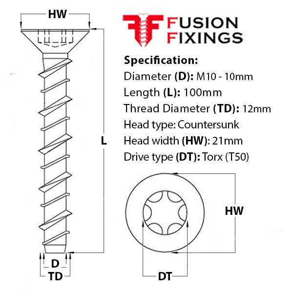 Size guide for the M10 (12mm) x 100mm Countersunk Ankerbolt, Concrete Bolt with a Torx (T50)  drive recess.