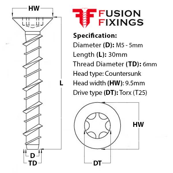 Size guide for the M5 (6mm) x 30mm Countersunk Ankerbolt, Concrete Bolt, Torx (T25) Grade 8.8 BZP