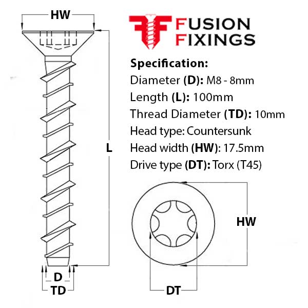 Size guide for the M8 (10mm) x 100mm Countersunk Ankerbolt, Concrete Bolt, Torx (T45) Grade 8.8 BZP