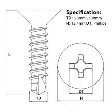 Technical diagram for the 6.3mm (No. 14) x 38mm, Countersunk Self Drilling Tek Screw from Fusion Fixings