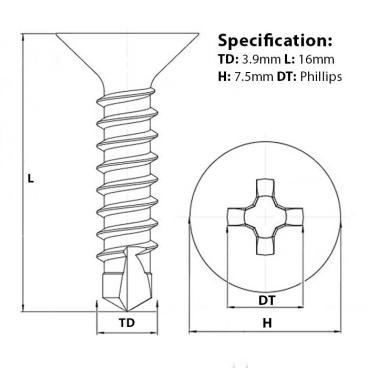 Size guide for a 16mm self-drilling countersunk screw from Fusion Fixings