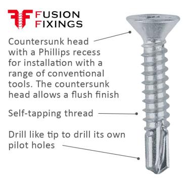 Self drilling screw, countersunk, 3.9mm (No.7) x 19m, BZP, DIN 7504 informational sheet