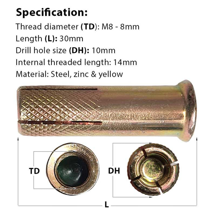 Size guide for the M8 (10mm) x 30mm JCP Lipped Drop-In Anchor, Zinc &amp; Yellow (DBM08SH)