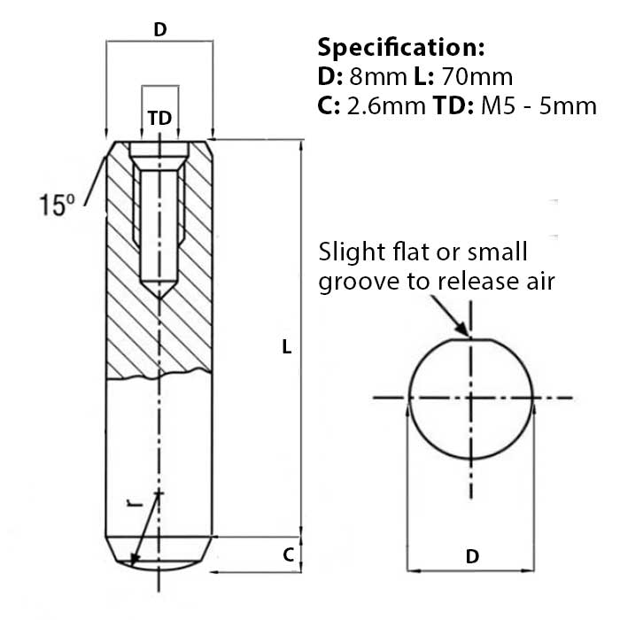 Screw guide for 8mm (M5) x 70mm, Extractable Dowel Pin, Hard & Ground, Self-Colour, DIN 7979D