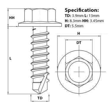 Screw guide for 3.9mm (No.7) x 13mm, flanged hex head self drilling screw (TEK), BZP, DIN 7504 K