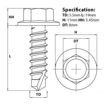 5.5mm (No.12) x 19mm, flanged hex head self drilling screw (TEK), BZP, DIN 7504 K screw guide