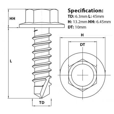 6.3mm (No.14) x 45mm, flanged hex head self drilling screw (TEK), BZP, DIN 7504 K screw guide