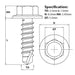 Size guide for the 3.5mm (No.6) x 13mm, flanged hex head self drilling screw (TEK)