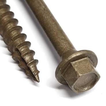 Detail image of the Timco 6.7 x 200mm, Flanged Hex Head Timber Screws. Shows the flanged hex head that offers exceptional clamping force and the single slash point that reduces the chance of the wood splitting during insertion.