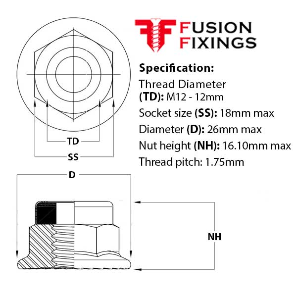 Size guide for the M12 Serrated Flange Nyloc Nut, A2 Stainless Steel, DIN 6926