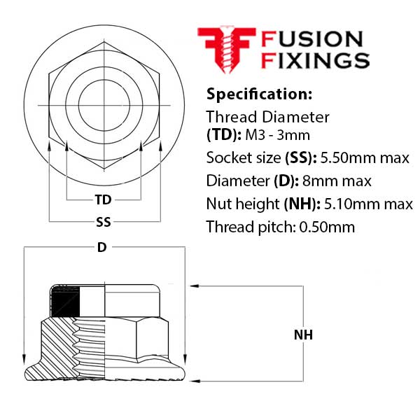 Size guide for the M3 Serrated Flange Nyloc Nut, A2 Stainless Steel, DIN 6926