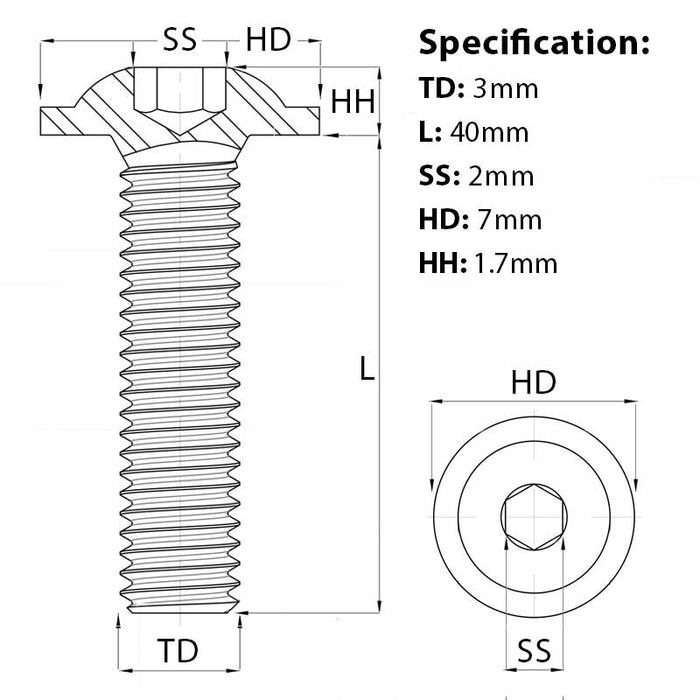 M3 x 40mm Flanged Socket Button Head Screw A2 Stainless ISO 7380-2 screw guide