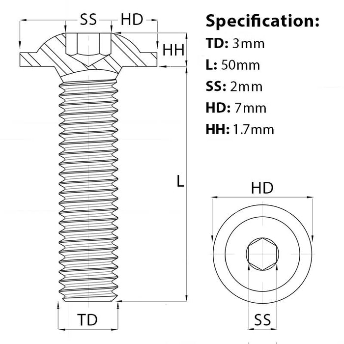 M3 x 50mm Flanged Socket Button Head Screw A2 Stainless ISO 7380-2 screw guide