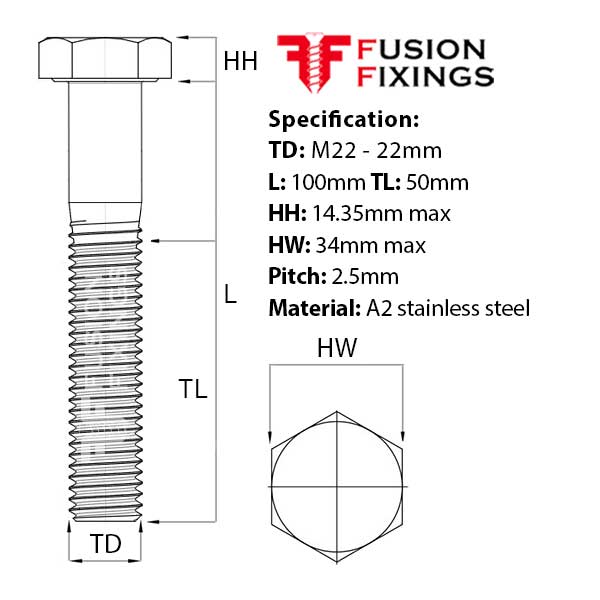 Size guide for the M22 x 100mm Hex Bolt (Part Threaded Bolt) A2 stainless steel, DIN 931